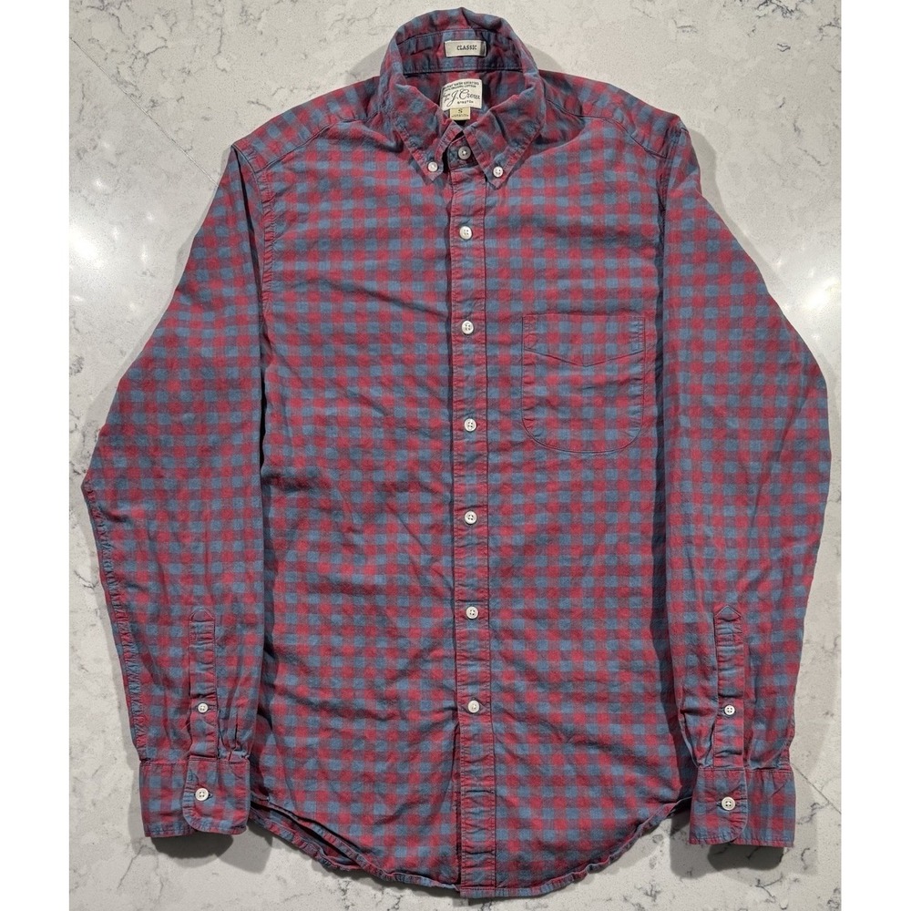 J.Crew Mens Small Red Blue Gingham Plaid Secret Wash Classic Fit Stretch Shirt